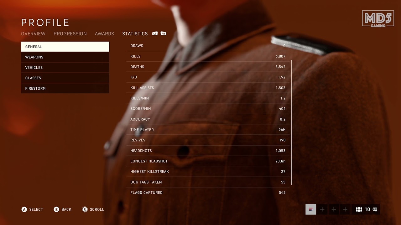 BF5 Statistics - K/D - Wins - Xbox Series X - Main Menu - Battlefield 5 - World War 2