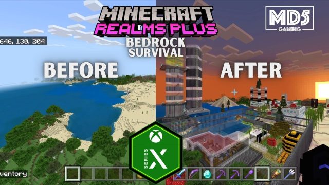 Minecraft Survival Port City Build Before & After - Bedrock Realm Xbox Series X Gaming ASMR Ambience