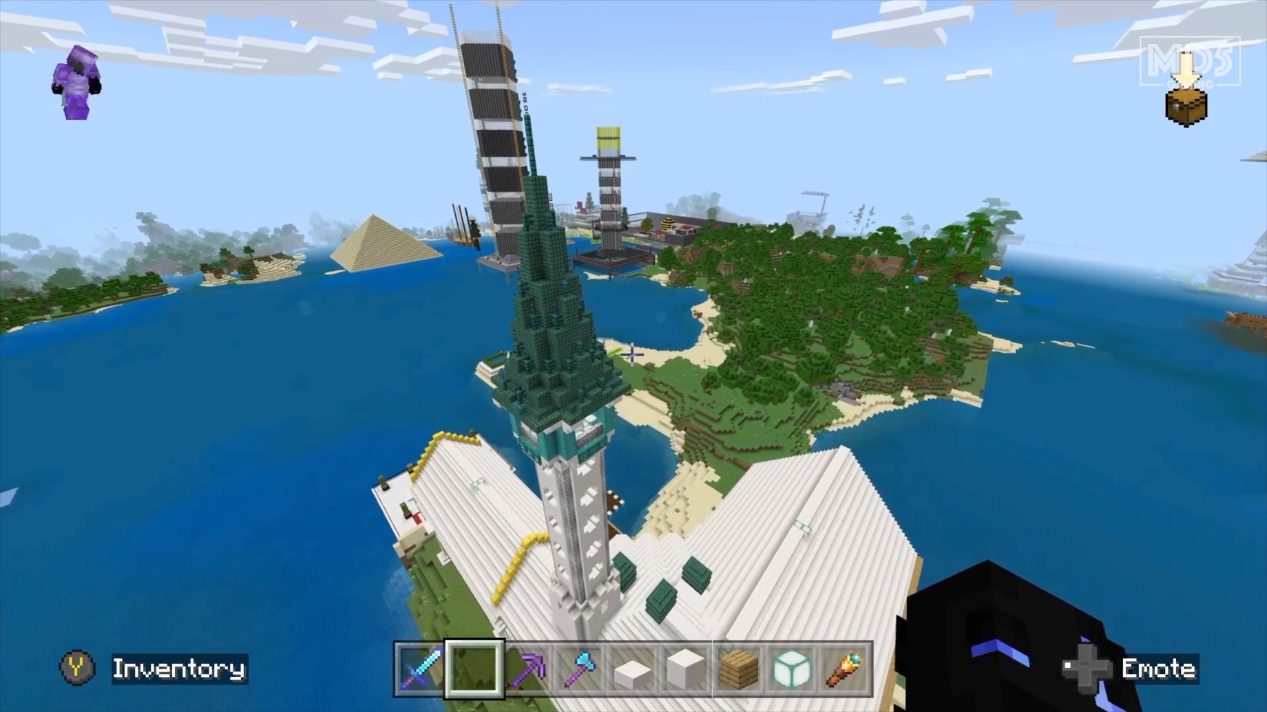 Aerial View Over An Elven Tower Design Built In Minecraft Survival