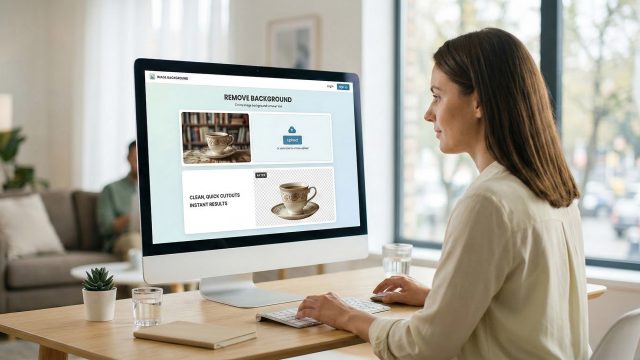 A woman sits at a wooden desk in a bright, open-plan room, looking at a large desktop computer monitor while using a keyboard and mouse.