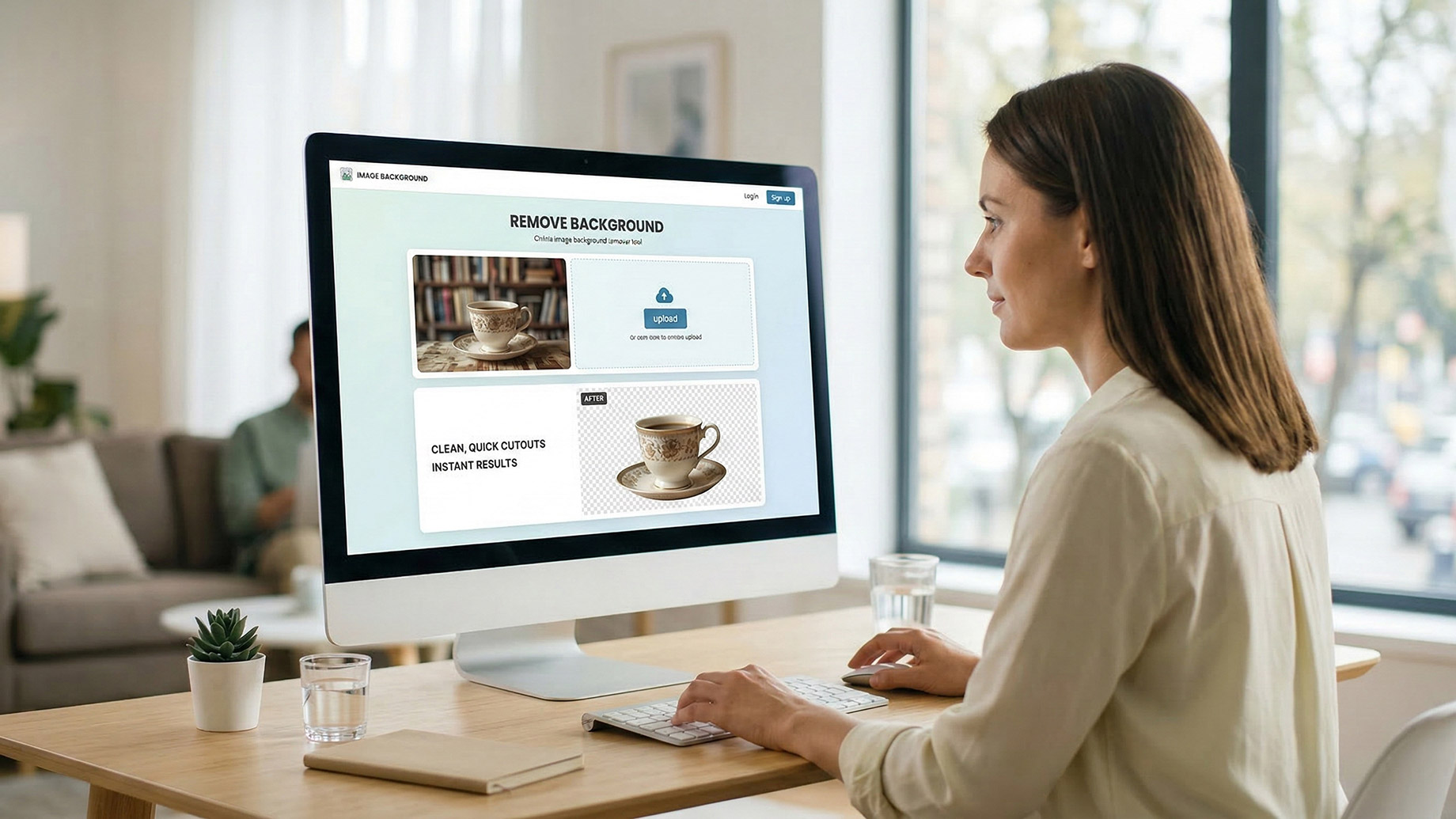 A woman sits at a wooden desk in a bright, open-plan room, looking at a large desktop computer monitor while using a keyboard and mouse.